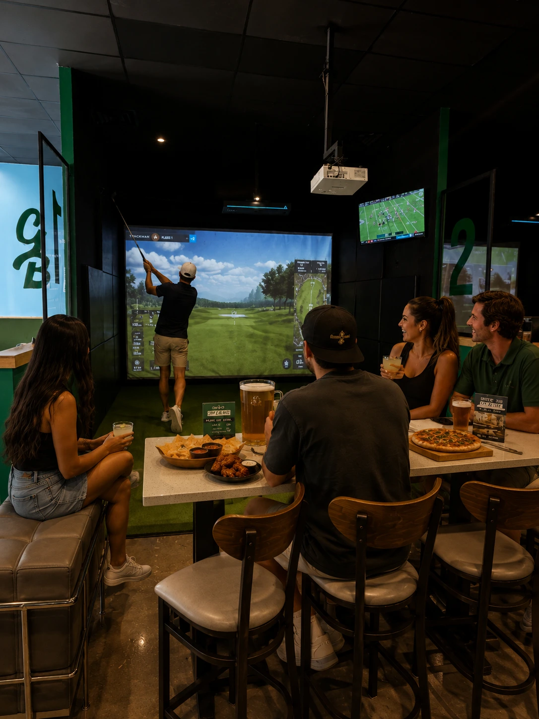 Friends enjoying food and indoor golf at Green Bird in Flower Mound, TX